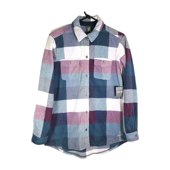 Eddie Bauer Women's Sz Small Multicolor Plaid Fleece Flannel Button Down Shirt - Picture 1 of 11